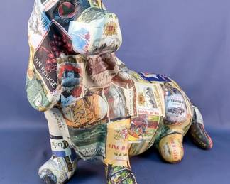 Decoupage Wine Label Dog Sculpture 