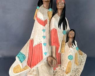 Native American Family Sculpture By Austin Productions, 19" x 19" x 16" 