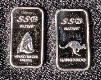 SSB Mint Great White Shark One Gram .999 Fine Silver Bar, And SSB Mint Kangaroo One Gram .999 Fine Silver Bar 