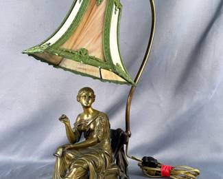 Bronze Statue Lamp With Leaded Slag Glass Shade