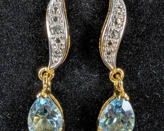18K Gold Over Sterling Silver, Diamond, And Swiss Blue Topaz Earrings 