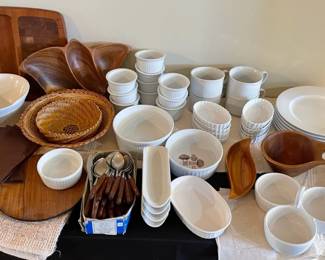 Crate Barrel Porcelain and Wood Dinnerware 