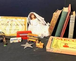 Vintage Schuco Solisto Clown , Mecanno Toy Kit, Assorted Antique Toys And Books