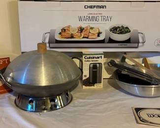 Kitchen Items Wok, Skewers, New In Box Chefman Long Electric Warming Tray, New Cuisinart Grinder