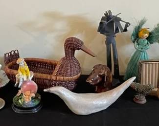 Various Knick Knacks Decor Porcelain Ballerina, Woven Duck Basket, Cast Iron Trolley,  More