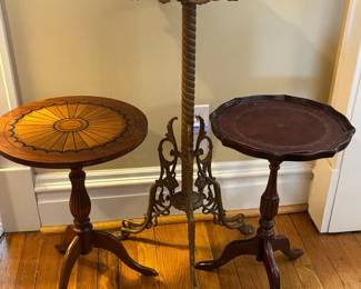Vintage Round Wood Pedestal Side Tables, Metal Plant decor Stand