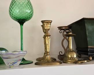 Empoli glass snifter and Brass candlesticks