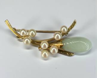 14k Gold Pearl & Jade Brooch
