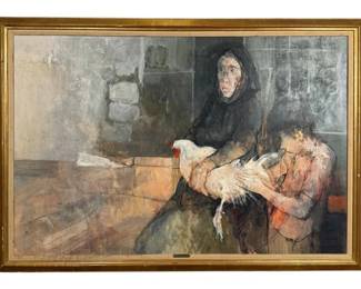 Jean Jansem "Femme Au Coq" Oil on Canvas
