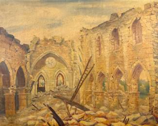 Alex Chevreux 'Anizy Church in Ruins' Oil On Board
