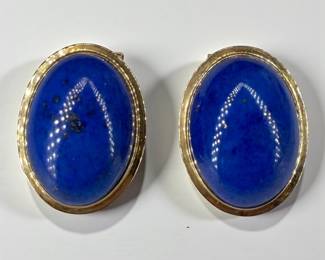 Pair of 14K Gold Oval Lapis Earrings
