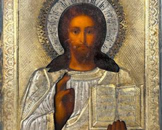 Antique Russian Silver Foil Icon of Christ Pantocrator (A)
