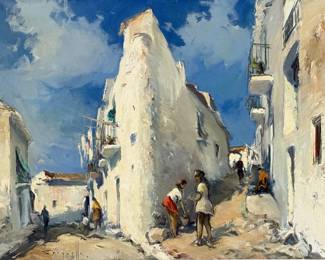 Josep Sarquella "Village Alley" Oil On Canvas
