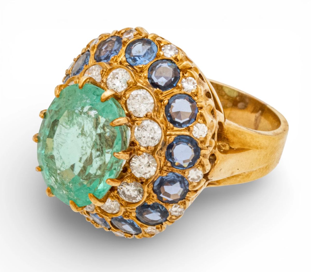 Lot 1
Ladies 18k Yellow Gold, Emerald, Sapphire, and Diamond Cocktail Ring, Size 7.5