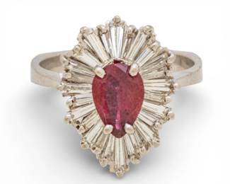 Lot 2
14k White Gold, Pear Cut Ruby and Diamond Ballerina Ring Size 6.75