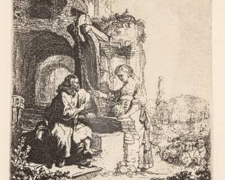 Lot 1033
Rembrandt Van Rijn (Dutch, 1606-1669) Etching on Ingres D Arches Off White Laid Paper 1634 (Millenium Edition), 'Christ and the Woman of Samaria Among