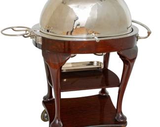 Lot 40
Drakes (London, England) Queen Anne Style Silver Plate and Carved Mahogany Beef Trolly, Model D/6, Ca. 1930s