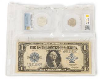Lot 36
US 1923 - $1Silver Certificate, Graded 1935 Washington 25 Cent Quarter & 1937Buffalo Nickel, 3 PCS