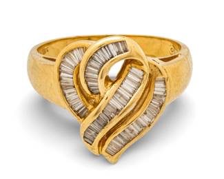 Lot 11
18k Yellow Gold and Baguette Diamond Ring 1993, 'Interlocking Hearts', Size 8