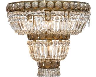Lot 19
Brass and Crystal Nine Light Wedding Cake Chandelier, Ca. Mid 20th C.