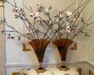 Magnificent Pair of Amber Crystal Vases from Florence, Italy with 24KT Gold Plated Bronze Bases