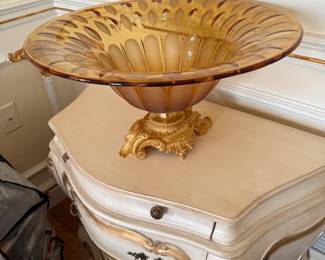 Large Amber Crystal Bowl from Florence, Italy with 24KT Gold Plated Bronze Base