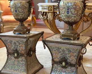 Monumental Pair of Bronze and Porcelain Urns on Plinths - 42" high