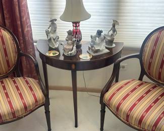 Chars are sold. Lladro, demilune table , cut glass lamp