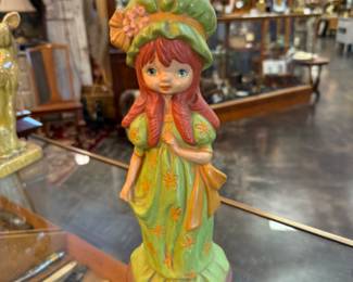 Ceramic retro 70s girl chalk ware figurine girl with red hair and green dress 