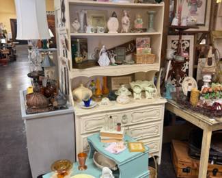 vintage hutch, end table, framed art, decor