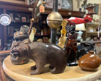carved animals, glass figurines, vintage metal weather vane with wood base