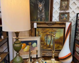 Framed watercolor landscape, vintage green and gold large table lamp with elephant finial, fall landscape, large MCM vase, 