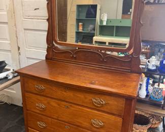 antique oak dresser with carved beveled mirror