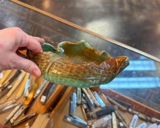 Vintage Artistic Potteries Co. MCM grape leaf bowl featuring green and brown majolica glaze Los Angeles, CA #206 