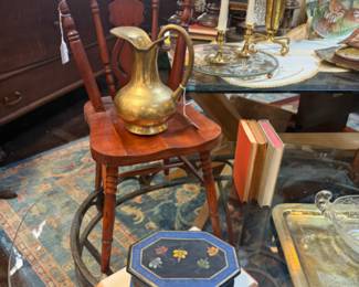 brass pitcher, vintage chair, brass tray