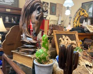 horse head figure art, cactus, framed horse art