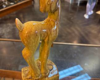 1960s vintage ceramic deer figurine brown & yellow drip or fat lava glaze
