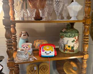 glassware, vintage toy phone, canister, dog figurine, milk glass dish with lid