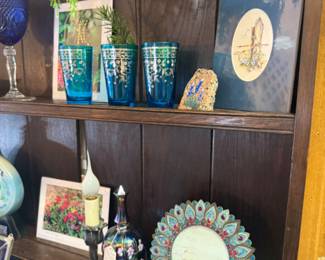 vintage frame, prints, blue glassware