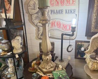 large pedestal candle signage, antique side tables