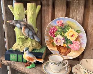 decorative spring plates, cups and saucers, books