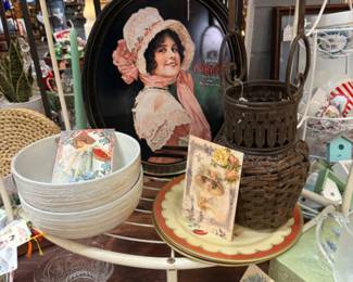 coca cola advertising tray, bowls, basket