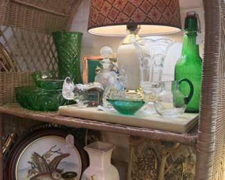 green glass, owl art, vases, candlesticks