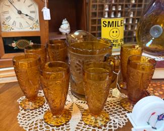 amber unique pitcher and glasses