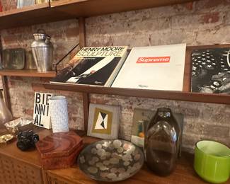 Various books and mid-century accessories