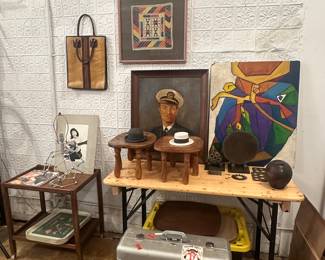 Various objects and paintings suitcase, teak cart