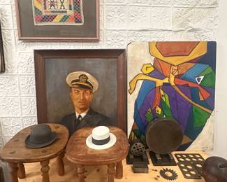 Italian ceramic coats, interesting six legged stools and objects along with painting paintings