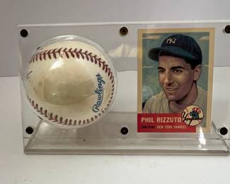 Phil Rizzuto Signed Baseball Topps and Card