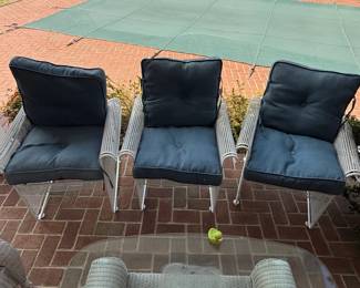 Set of White Patio Chairs with Dark Blue Cushions