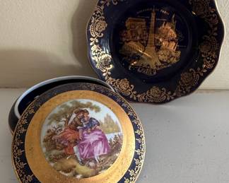 Limoges Castel France Cobalt Blue and K Gold Souvenir Plate and Lidded Trinket Box Set